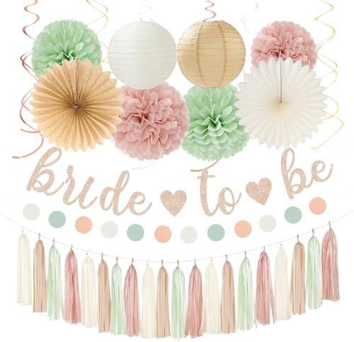 Sage-Green Pink-Beige Bridal-Shower Party-Decorations - 36pcs Bride to Be Banner,Bachelorette Paper Lanterns,Neutral Wedding Streamers Garland,Boho Tissue Pom Poms Flower Fan Decor Supplies Burgleda by Burgleda
