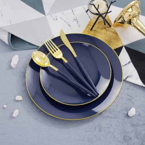 Liacere 150PCS Blue Plastic Plates - Gold Plastic Silverware with Blue Handle - Navy Disposable Plates Include 30 Guests Plates,Forks,Spoons,Knives for Party & Back to School Party & Labor Day - Image 6