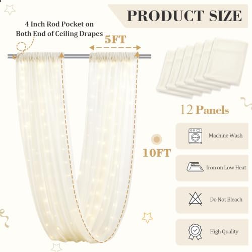 12 Panels Beige Ceiling Curtains with Lights for Weddings - 5ftx10ft Wrinkle-Free Tulle Fabric Wedding Arch Draping Ceiling Drapes Decorations for Wedding Party Ceremony Stage Tent Event - Image 4