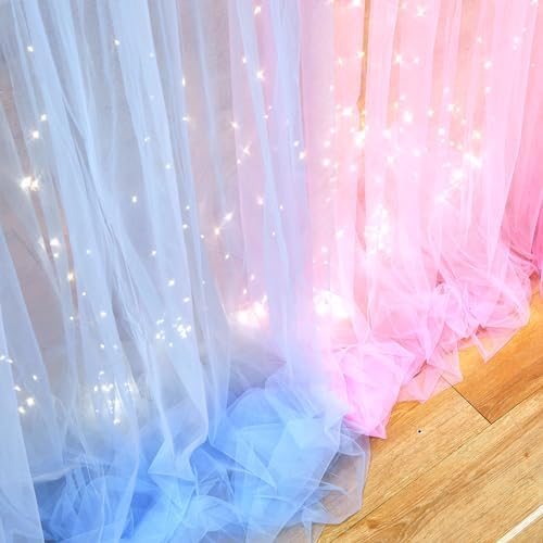 10ft x 10ft Pink Blue Tulle Photo Backdrop Curtain with Lights String for Gender Reveal Sheer Curtain Back Drop Baby Shower Backdrop for Boy or Girls Birthday Party Photo Booth Background Decorations - Image 6