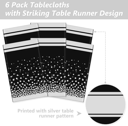 LANLISA Black and Silver Tablecloth Party Decorations 6 Pack, Disposable Plastic Table Cloths for Birthday Graduation Retirement Masquerade Party Decor - Image 4