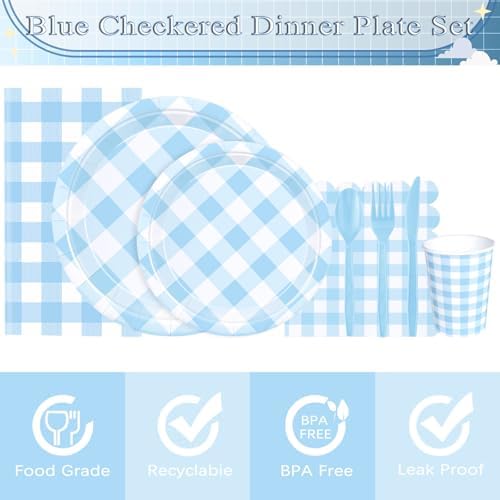 176 PCS Light Blue Gingham Round Plates and Napkins, Blue Checkered Disposable Plates Set with Napkins Cups Plastic Spoons Forks Knives for Dinner Birthday Baby Shower Wedding Supplies Serve 25 Guests - Image 4