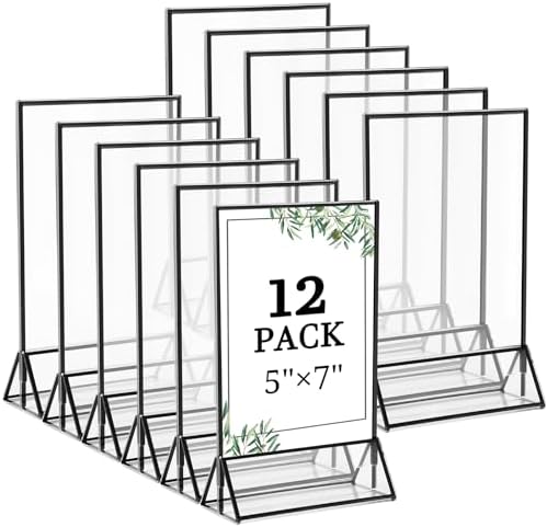 Floroom 12 Pack 5x7 Inch Clear Acrylic Sign Holders, Black Border Double-Sided Vertical Picture Frames & Display Stands for Table Numbers, Photos, Menus, Flyers, Weddings, Parties & Events by Floroom