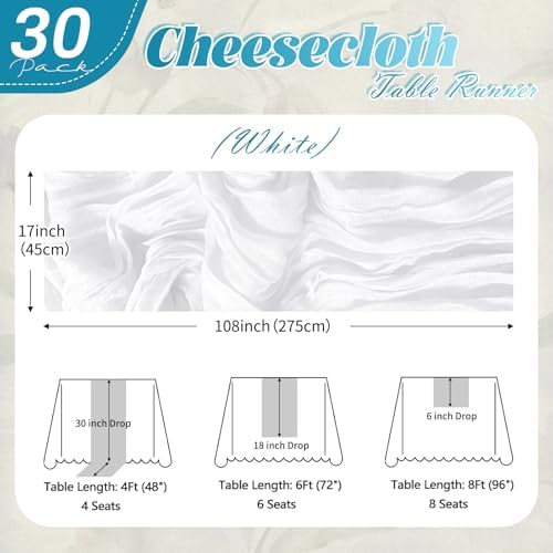 30 Pack White Cheesecloth Table Runner 17 x 108 inch Cheese Cloth Table Runners 9ft White Table Runner Rustic Romantic Sheer Gauze Runner for Wedding Party Baby Shower Table Decoration - Image 2