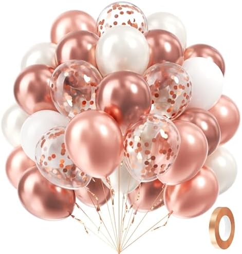 60pcs 12inch Rose Gold Balloons with Pearl White and Confetti Balloons by Awenztech