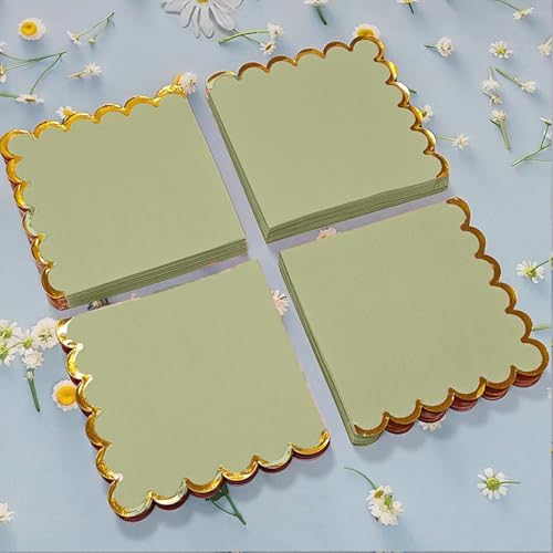 100 pack Sage Green Cocktail Napkins with Gold Foil Accents Scalloped Edges 5 x 5 inch Beverage Disposable Napkin Party Decoration Wedding Bridal and Baby Shower Dinner Lunch Supplies - Image 3