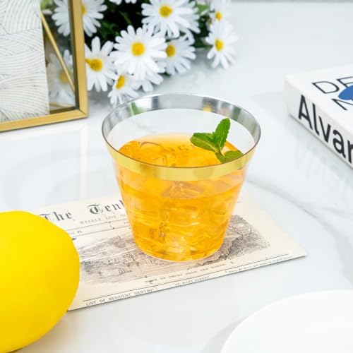 I00000 60 Pack Gold Plastic Cups, 9 OZ Elegant Gold Rimmed Plastic Cups - Image 3