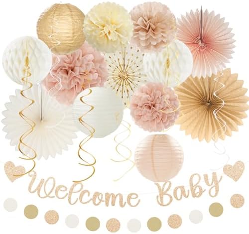 Champagne-Gold Fall Boho Baby Shower Party-Decorations - 21pcs Girls Welcome Baby Banner,Beige One Sweet Peach Paper Lanterns Pom Poms, Neutral Streamers Garland Decor Favors Huglony by Huglony