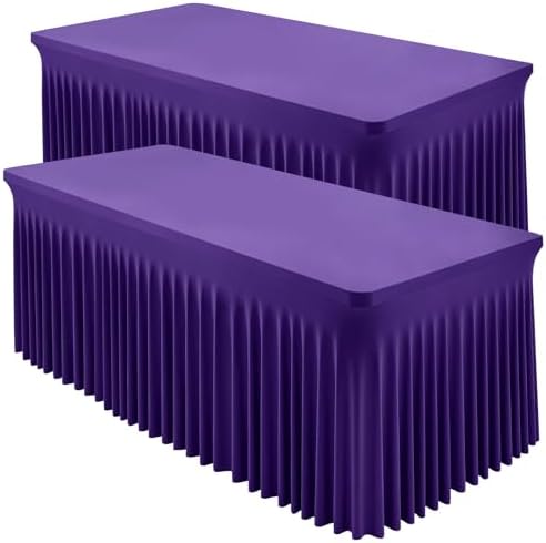 2 Packs Purple Spandex Table Covers 4 Foot, Fitted Stretch Table Cloth with Skirts 48x24 Inch, Wrinkle-Free Floor Length Rectangle Tablecloths for Trade Show Weddings Parties Banquets Events by Shillance