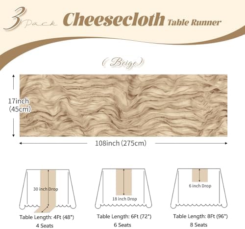 3 Pack Beige Cheesecloth Table Runner, 17 x 108 inch, Semi Sheer Boho Cheese Cloth Fabric Table Runner Bulk for Wedding, Birthday, Party, Holiday, Home Decor (Beige) - Image 3