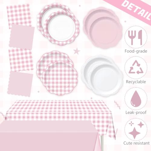 LemonRoad 100 Pcs Pink Gingham Paper Plates Napkins Plastic Tablecloth Set for 24, Pink and White Disposable Dinner Dessert Scalloped Plates for Baby Shower Picnic BBQ Birthday Party Supply Decoration - Image 3