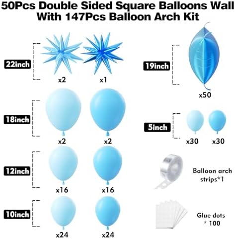 50pcs Blue Square Foil Balloons Wall Backdrop with 147pcs Blue Latex Balloon Garland Arch Kit, Double Sided Balloon Tunnel for Birthday Anniversary Graduation Baby Shower Party Decorations - Image 3