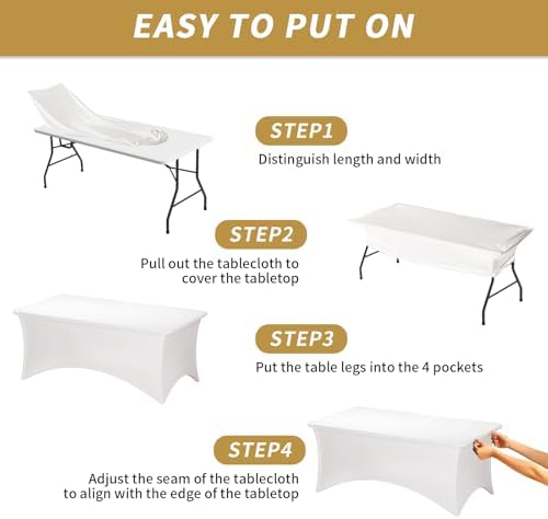 Fixwal 3 Pack 8FT Pearl White Tablecloth Rectangle Spandex Table Cover - Image 4