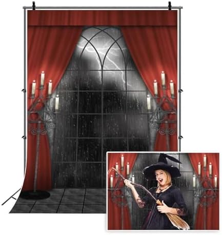Renaiss 4x6ft Vintage Gothic Window Backdrop Red Curtain Candlestick Black Floor Lightning Stormy Sky Vampire Medieval Castle Photography Background Halloween Dress Up Party Decors Photo Booth Props by Renaiss