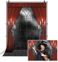 Renaiss 4x6ft Vintage Gothic Window Backdrop Red Curtain Candlestick Black Floor Lightning Stormy Sky Vampire Medieval Castle Photography Background Halloween Dress Up Party Decors Photo Booth Props by Renaiss
