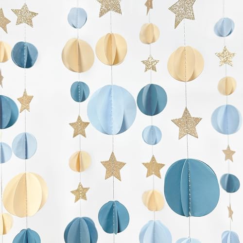 Dusty Blue Champagne Gold Beige 3D Polka Dot Star Hanging Streamer Circle Dot Star Garland Banner for Birthday Bridal Shower Wedding Engagement Nautical Party Decorations Supplies - Image 6