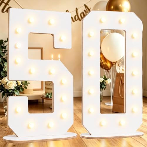 Pooqla 50th Birthday Decorations, 17.3 in White Wooden Light Up Numbers by Pooqla