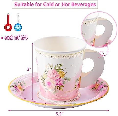HOMIX 24 Paper Tea Cups and Plates, 7 OZ Disposable Teacups and Saucer Sets - Image 2
