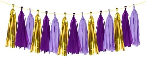 ZOOYOO Shiny Tassel Garland Tissue Paper Tassel Banner Table Decor,DIY Kits for Birthday,Wedding,Bridal Shower,Bachelorette,Graduation,Anniversary,Party Decorations,Pack of 15(Purple Gold) by ZOOYOO