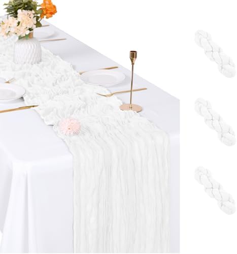 3 Pack White Cheesecloth Table Runner, 17 x 108 inch, Semi Sheer Boho Cheese Cloth Fabric Table Runner Bulk for Wedding, Birthday, Party, Holiday, Home Decor (White) by ACSUIT