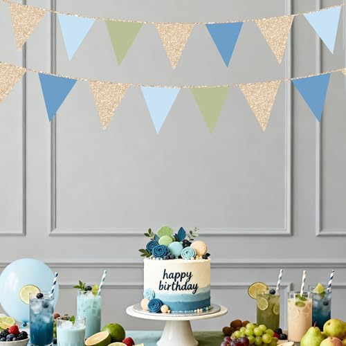 Champagne Gold Dusty Blue Sage Green Pennant Banner Flag Olive Green Blue Hanging Glitter Paper Triangle Bunting for Birthday Wedding Shower Silly Goose Themed Party Decorations Supplies - Image 7