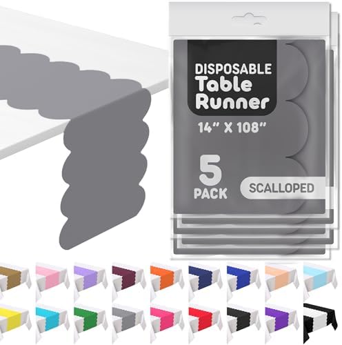 Silver Grey Scallop Table Runner, Disposable Plastic, 5 Pk, 14x108in by Swanoo