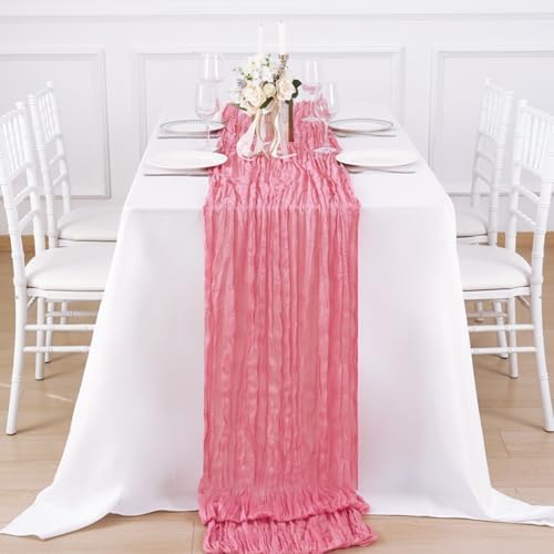 1 Pack Rose Pink Cheesecloth Table Runner 120 Inch Boho Wedding Decor - Image 4