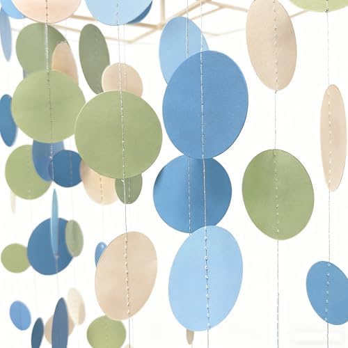 Dusty Blue and Sage Green Beige Polka Dot Garland Olive Green Dusty Blue Cream Nude Hanging Paper Circle Dots Streamer for Birthday Wedding Shower Silly Goose Theme Party Decorations Supplies - Image 3