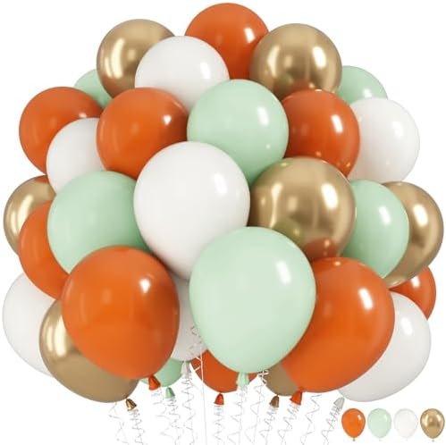 Fall Balloons Set, 12 Inch Thanksgiving Balloons, Retro Burnt Terracotta Rust Orange Dusty Sage Mint Green White Metallic Gold Latex Balloon for Thanksgiving Autumn Harvest Fall Birthday Decorations by HILAVO