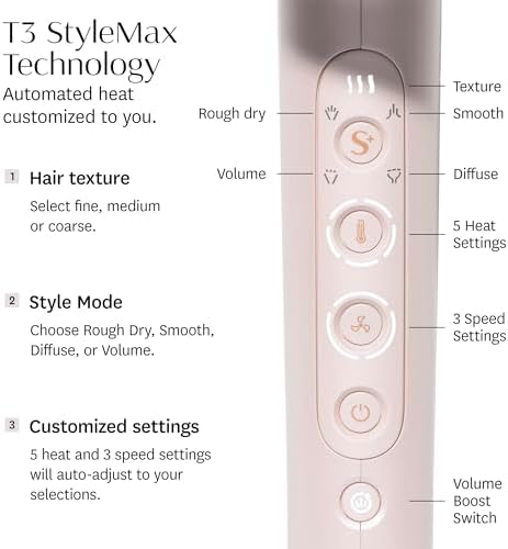 T3 Featherweight StyleMax Professional Ionic Hair Dryer with Custom Heat Automation & 4 Attachments,Fast Drying,Lightweight with 5 Heat & 3 Speed Settings,2 Concentrators,Diffuser & Smoothing Comb - Image 2