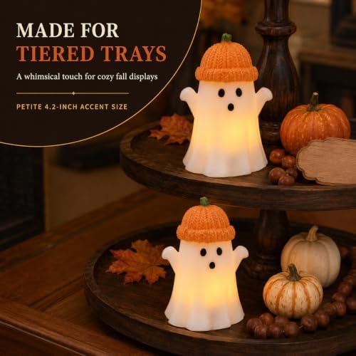 Enido Ghost with Pumpkin Hat Flameless Candles with Remote, Set of 2 Cute Real Wax LED Halloween Candles, Battery Operated Tea Lights, 2/4/6/8H Timer for Kids Room, Fall Tiered Tray Decor - Image 3