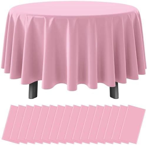 16 Pack Light Pink Plastic Tablecloth for Round Tables, Premium Decorative Pink Disposable Table Cloths for Parties, Bulk Round Party Table Cover for Birthday Wedding Anniversary Graduation, 84 Inch by RAGNHILD