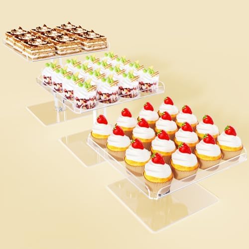 Bakzon 3 Piece Cupcake Stand, Acrylic Dessert Table Display Set, Clear Square Serving Trays for Birthday, Wedding, Baby Shower by BAKZON