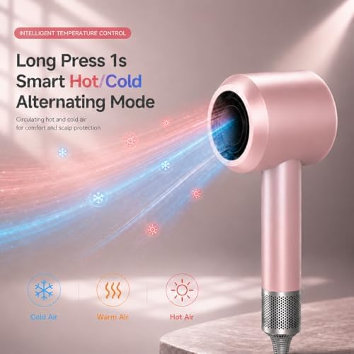 High Speed Hair Dryer with Magnetic Nozzle, Smart Hot & Cold Cycle Ionic Blow Dryer, Low Noise Lightweight Travel Pink Hairdryer, 105K RPM Brushless Motor for Fast Drying - Image 4