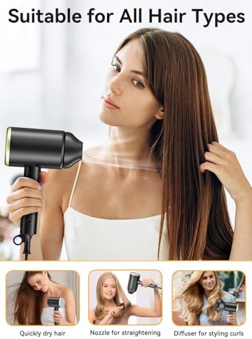 Hair Dryer, 150000RPM Ionic Blow Dryer with Diffuser, Black - Image 6