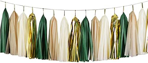 ZOOYOO Shiny Tassel Garland Tissue Paper Tassel Banner,Table Decor,DIY Kits for Tassels Party Decoration,Pack of 20(Green, Gold, Beige, Khaki) by ZOOYOO