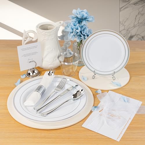 BESTVIP 700 Piece Silver Plastic Dinnerware Set for 100 Guests - Image 4