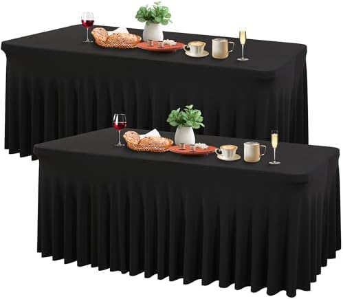 Wish Care 2 Pack Black Spandex Table Cloths - Fitted Rectangle Table Cover, Wrinkle Free, 4ft, Stretch Tablecloths for Party, Banquet, Wedding and Events by WishCare