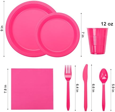 WELLIFE 210Pcs Hot Pink Plastic Plates, Pink Disposable Plates for Party - Image 2