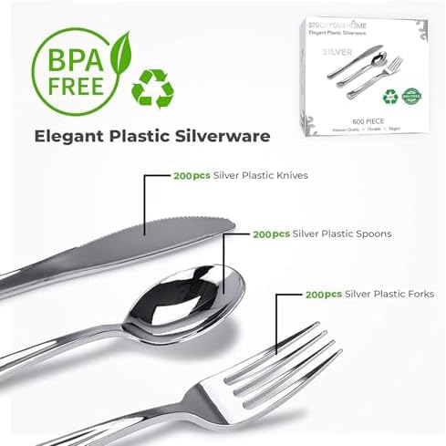 Silver Plastic Silverware Set (600-Pack) – Disposable Heavy Duty Cutlery, 200 Forks, 200 Knives, 200 Spoons for Parties, Weddings, Dinners & Holidays, Stock Your Home - Image 2