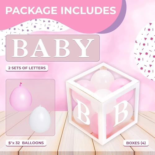 44-Pc Baby Shower Boxes & Balloons, Gender Reveal - Classic White & Pink - Image 3
