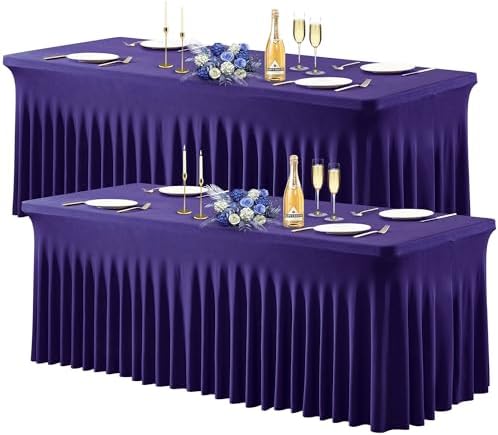 Wish Care 2 Pack Dark Purple Spandex Table Clothes for 6 Foot Rectangle Tables, 6FT Wrinkle Free Fitted Tablecloths Ruffles Design Table Cover for Party, Banquet, Wedding and Events by WishCare