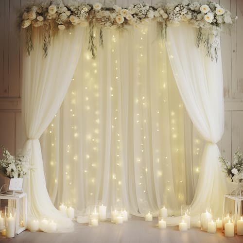 20×10ft Cream White Tulle Backdrop Curtain with Lights String for Parites, Sheer Curtain Backdrop Drapes for Wedding Party Home Decorations by WishCare