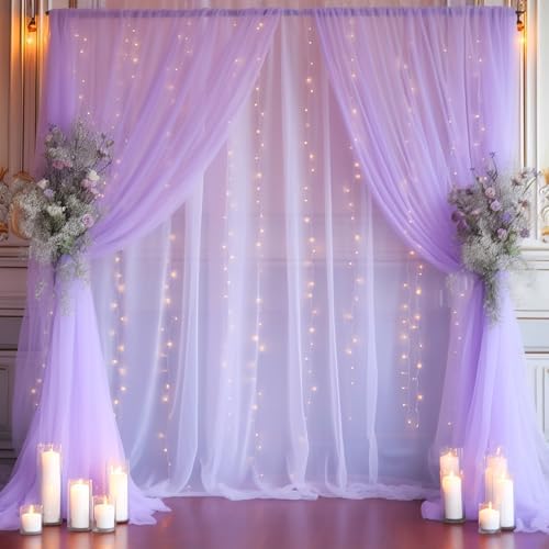 30x10ft Purple Tulle Backdrop Curtain with Lights String for Parites, Sheer Photo Backdrop Curtains with Lights for Wedding Backdrop Ceremony Reception Bridal Shower Baby Shower Birthday Party by PartyTalk