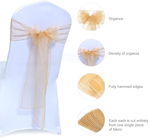 Pack of 25 Organza Chair Sashes for Wedding & Event Décor – Champagne Gold - Image 6