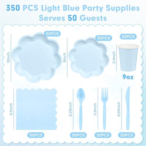 350 Pcs Light Blue Paper Plates and Napkins Set Serve for 50 Guests - Image 2