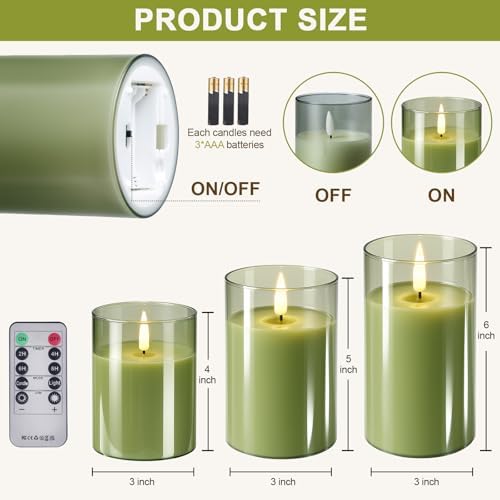 Tyawon Glass Battery Operated LED Flameless Candles with Remote and Timer, Real Wax Candles Warm Color Flickering Light for Festival Wedding Home Party Decor(Pack of 3)-Green - Image 7