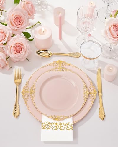 Nervure 350Pcs Pink Plastic Plates, Plastic Dinnerware Set for 50 Guests - Image 4