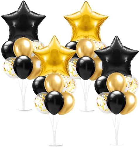 Lunmon 4 Set Black Gold Balloon Stand Centerpieces with Star Foil Balloons by Lunmon