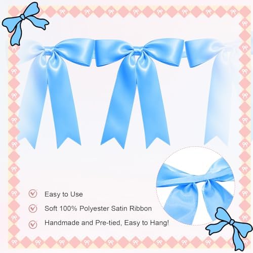 1 String of 8PCS Blue Bow Garland Banner Decoration,Pre-Strung Satin Ribbon Ornaments for Birthday,Bachelorette Party,Bridal Shower,Wedding,Engagement,Baby Shower,Graduation Decor,Anniversary - Image 3